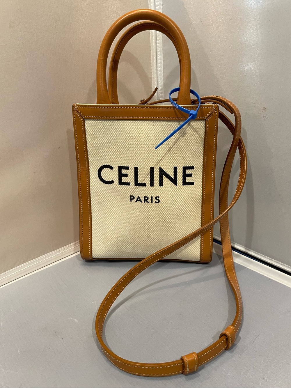EUC Auth Celine Cream Mini Vertical Cabas Tote Canvas Tan Leather Crossbody Bag!